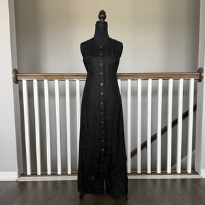 Liz Claiborne 100% Linen Button Down Cross Back Shirt Maxi Dress Black 6P Preppy